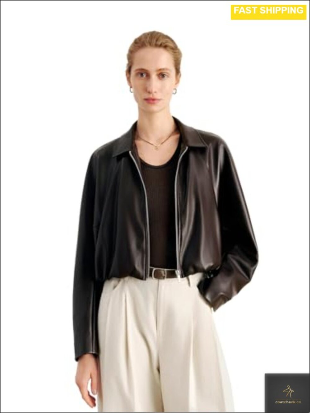 Cropped Faux Leather Moto Jacket Stand Collar Zip Front Fall Outerwear